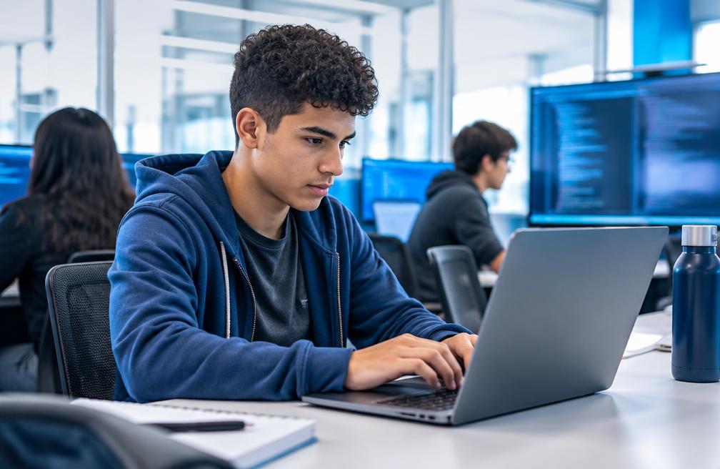 Estudante de tecnologia programando em um notebook